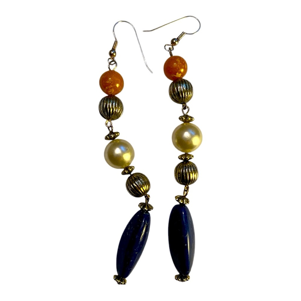 Vintage Elegant Gold and Blue Beaded Earrings